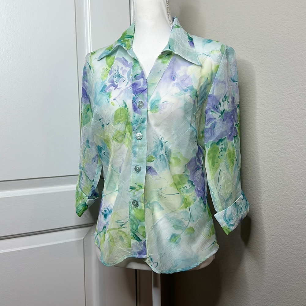 Vintage 90s Y2K Floral Sheer Chiffon Button Down Green a blue Purple Collar